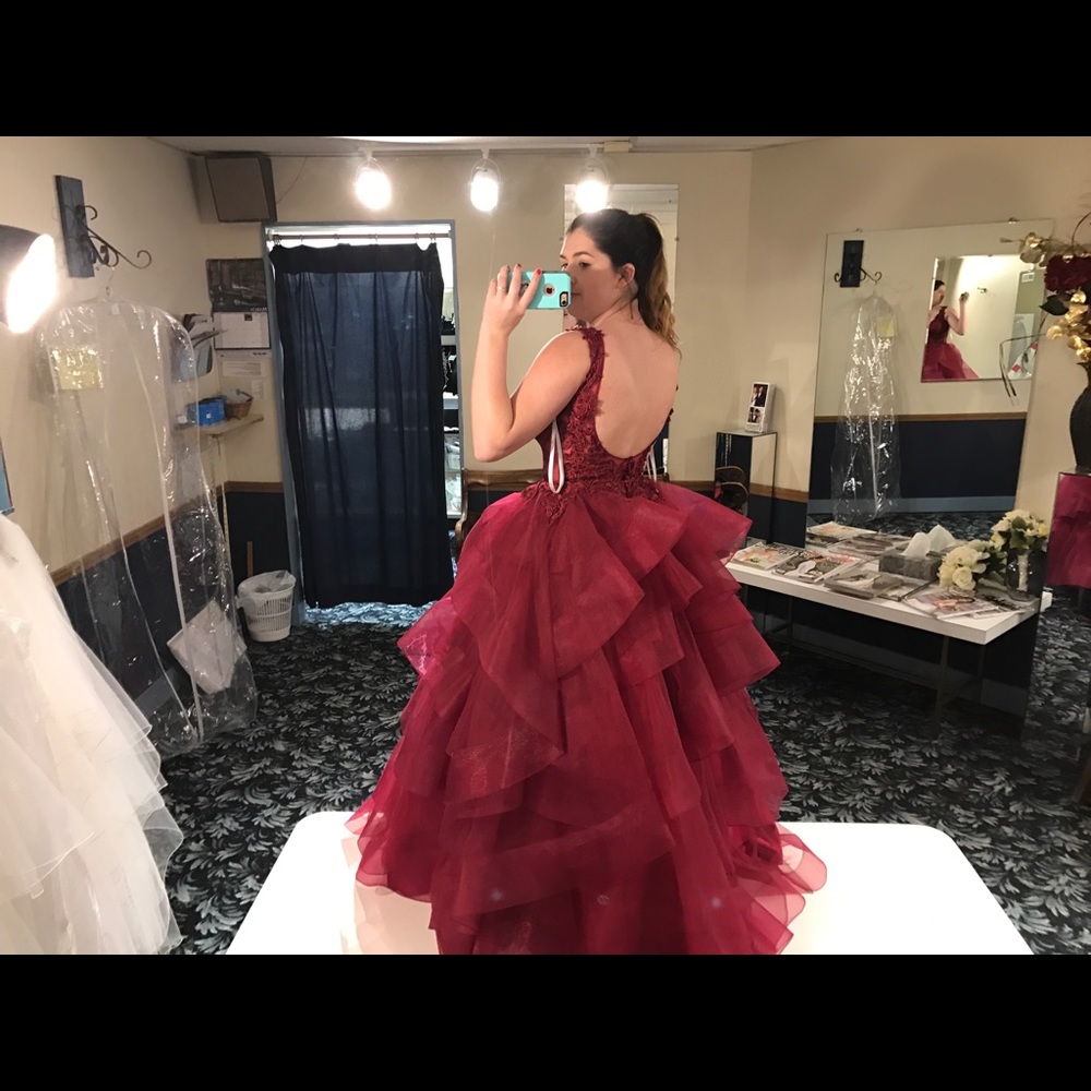 Ellie Wilde burgundy prom dress